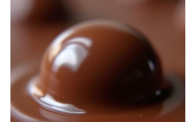 Gros plan sur des chocolats moulés à la main, brillant sous la lumière.