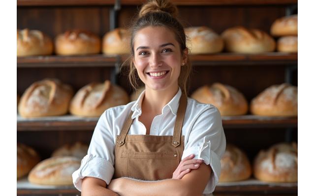 Portrait d'un boulanger souriant, bras croisés devant des pains frais.